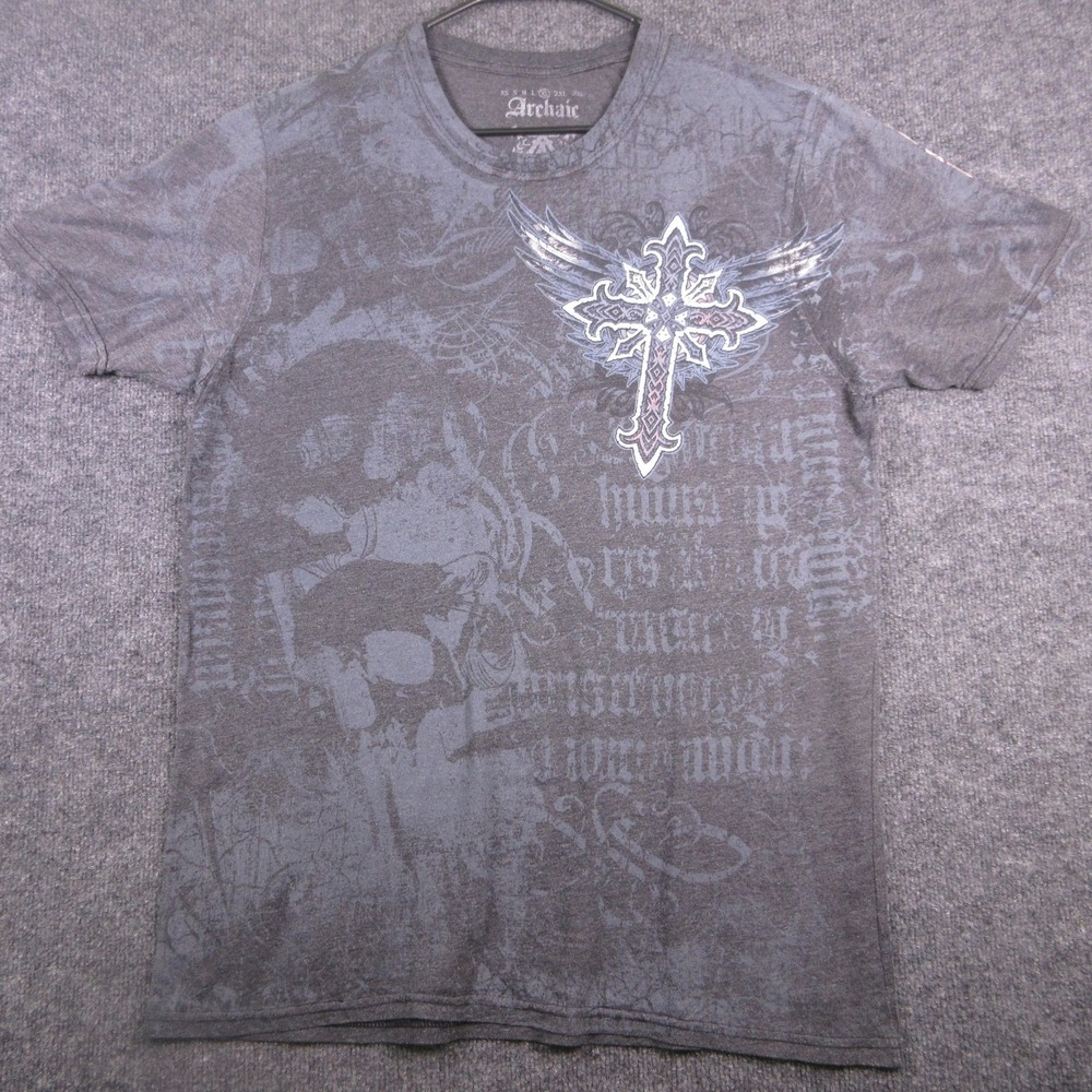 Y2K Archaic Shirt Mens Large Gray Winged Cross Skull Double Sided Graphic Gothic
